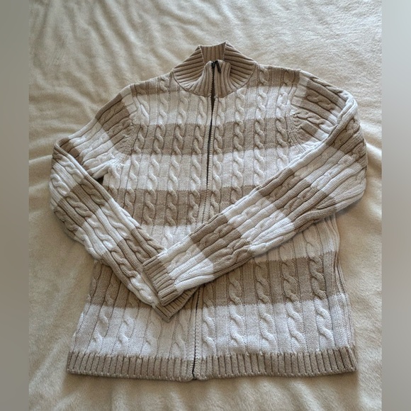 L.L. Bean Sweaters - LL Bean Zip Front Cardigan Sweater Cable Knit Beige and White Stripe SZ XS